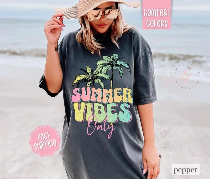 Summer Vibes Shirt Comfort Colors, Oversized Graphic Women's Beach Tee, Swimsuit Cover Hoodie, Sweatshirt | WearSparks.com
