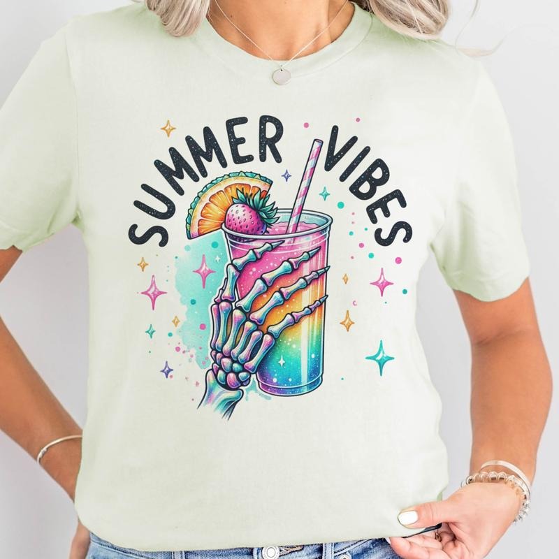 Summer Vibes Skeleton Drink Graphic Tee Skull Summer Vacation Tshirt Casual Lightweight Pool T-shirts Hoodie, Sweatshirt
