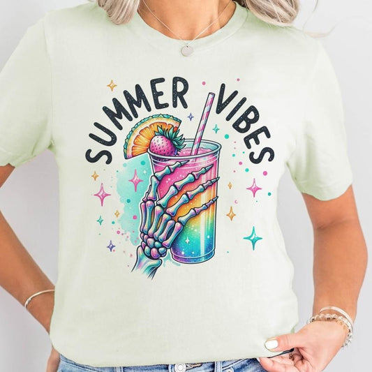 Summer Vibes Skeleton Drink Graphic Tee Skull Summer Vacation Tshirt Casual Lightweight Pool T-shirts Hoodie, Sweatshirt