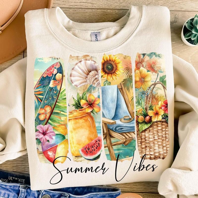 Summer Vibes Sweatshirt Retro Beach Scene Graphic Pullover Cozy Summer Crewneck for Women T-Shirts, Hoodie | WearSparks.com