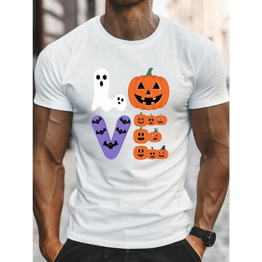 Summer knitted fabric adult Halloween themed men's T-shirt with pumpkin, bat and heart print, polyester crew-neck...