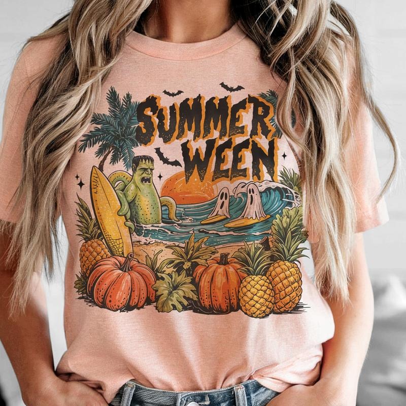 Summerween Frankenstein Tropical Graphic Tee Surfing Ghost Beach Fall Summerween Tshirt Pumpkins and Pineapple Womens...