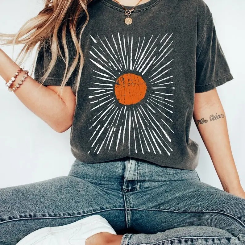 Sunburst Vintage , Garment Dyed, Boho, Oversized, Vintage Tshirt, Spring Clothing Hoodie, Sweatshirt | WearSparks.com