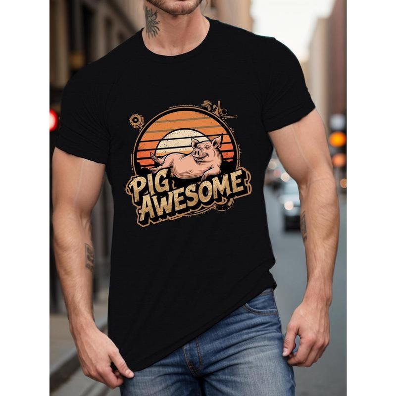 Sunset Pig Print Tee Shirt - Casual Short Sleeve T-Shirt for Men - Summer Wear - Adult Size - Polyester Fabric - Regular...