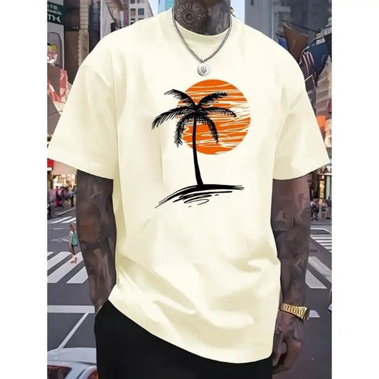 Sunset coconut tree print high-quality cotton men's T-shirt, casual fashion breathable, four seasons can wear T-shirts,...