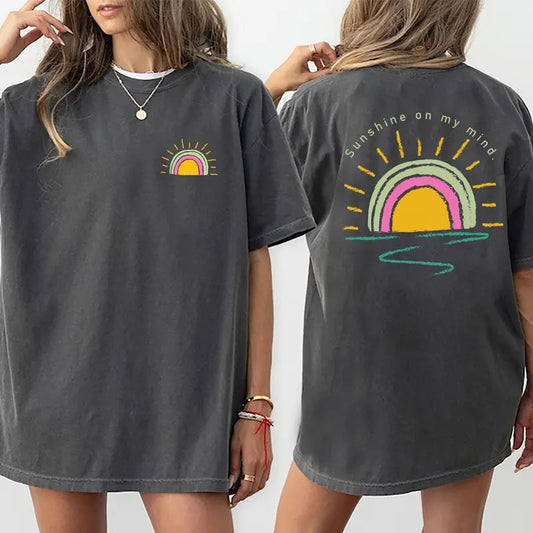 Sunshine On My Mind Shirt, Retro Sunset Graphic Tee Women, Holiday Season Printed T-shirt, Cotton Fabric Outfit, Summer...