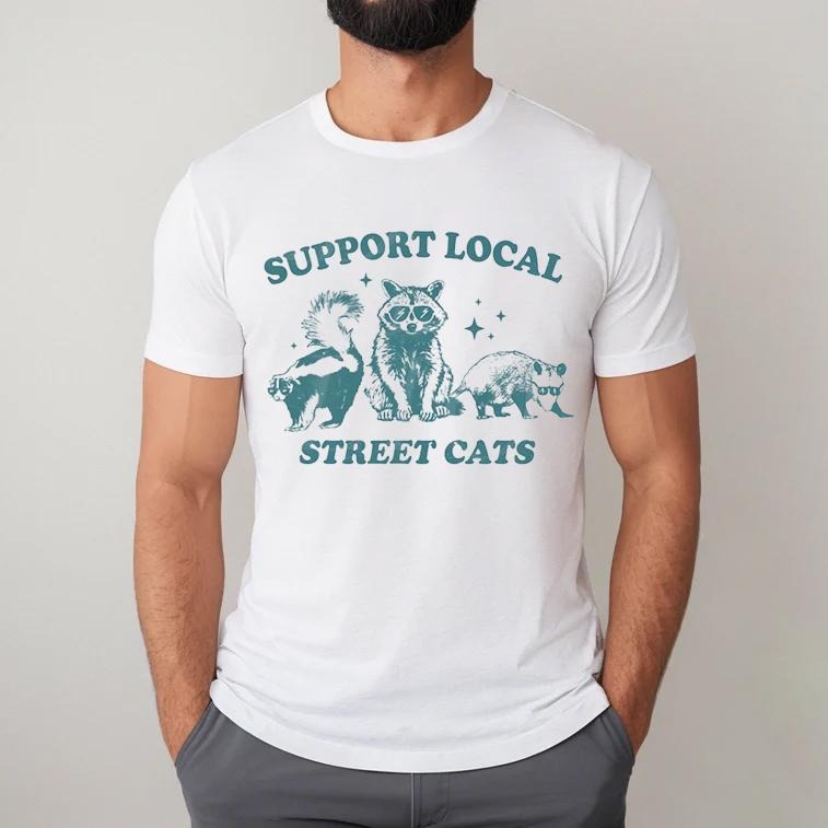 Support Your Local Street Cats Graphic T-Shirt, Retro Unisex Adult TShirt, Vintage Raccoon TShirt, Nostalgia TShirt,...