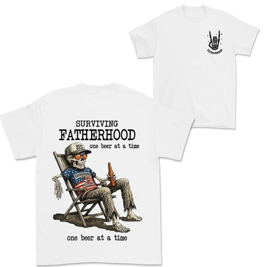 "Surviving Fatherhood One Beer At A Time" T-Shirt - Funny Dad Skeleton Tee