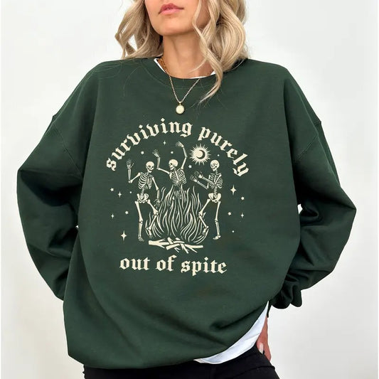 Surviving Purely Out Of Spite Skeleton Sweatshirt, Funny Dancing Skeleton Halloween Crewneck, Creepy Skeleton Sweater,...