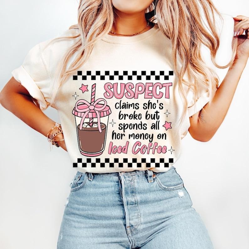 Suspect Claims She? Broke Iced Coffee, Suspect Claims, Funny Iced Coffee, Retro Checkered Sarcastic, Pink Coquette Tshirt...