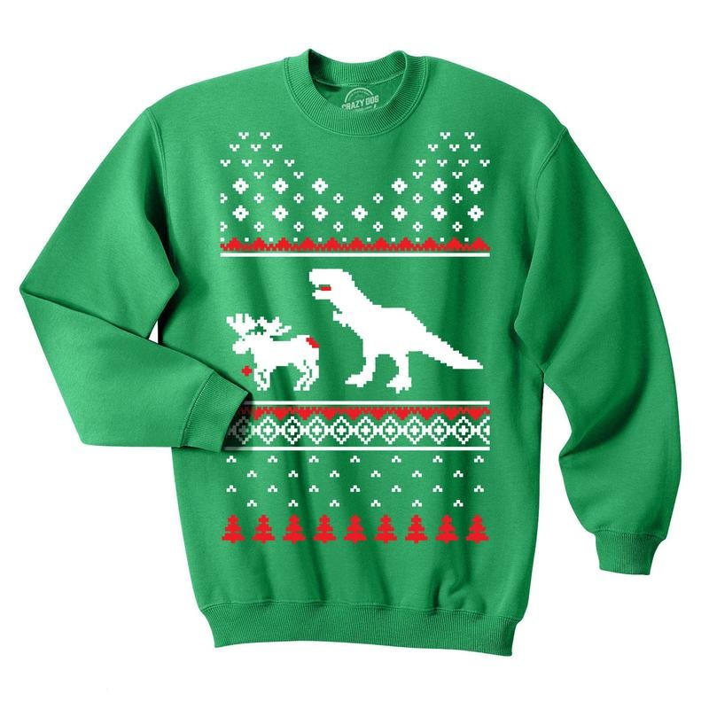 T-Rex Attacking Moose Christmas Ugly Sweater Funny Holiday Hilarious Adult Humor Funny Sweater Christmas Crew Neck Funny...