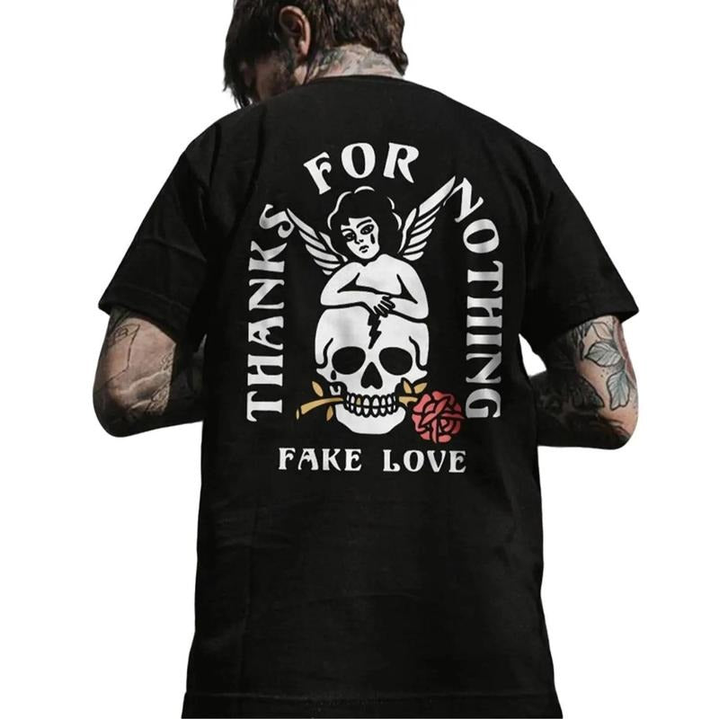 THANKS FOR NOTHING Skull Carrying a Rose Black Back Side Print T-shirt -  Sweatshirt