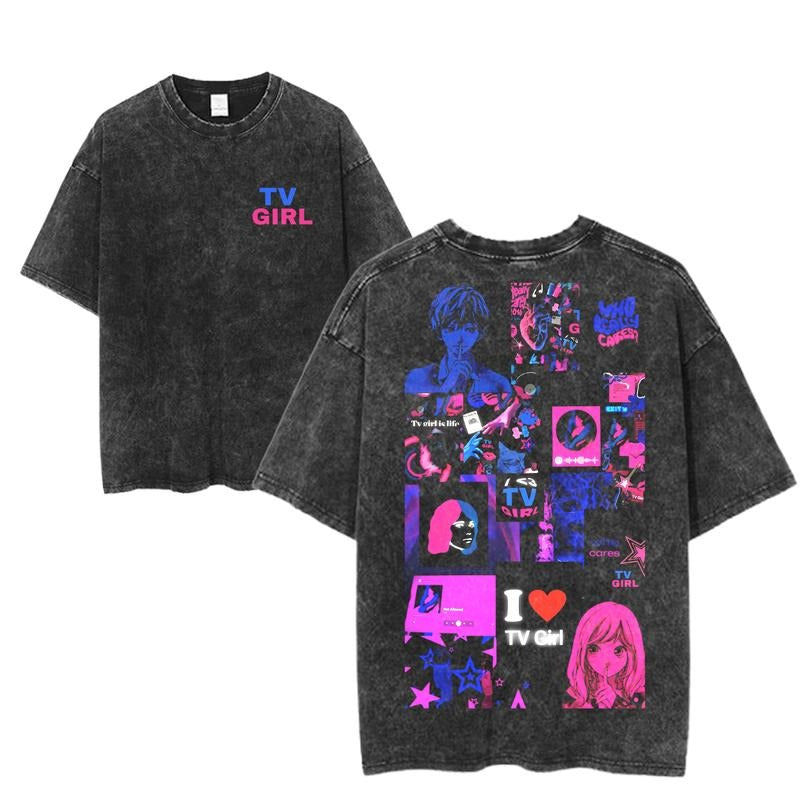 TV Girl Anime Collage Graphic Tee, Who Really Cares Tour Merch, Vaporwave Pop Art Shirt, Washed Black Unisex Indie Music...