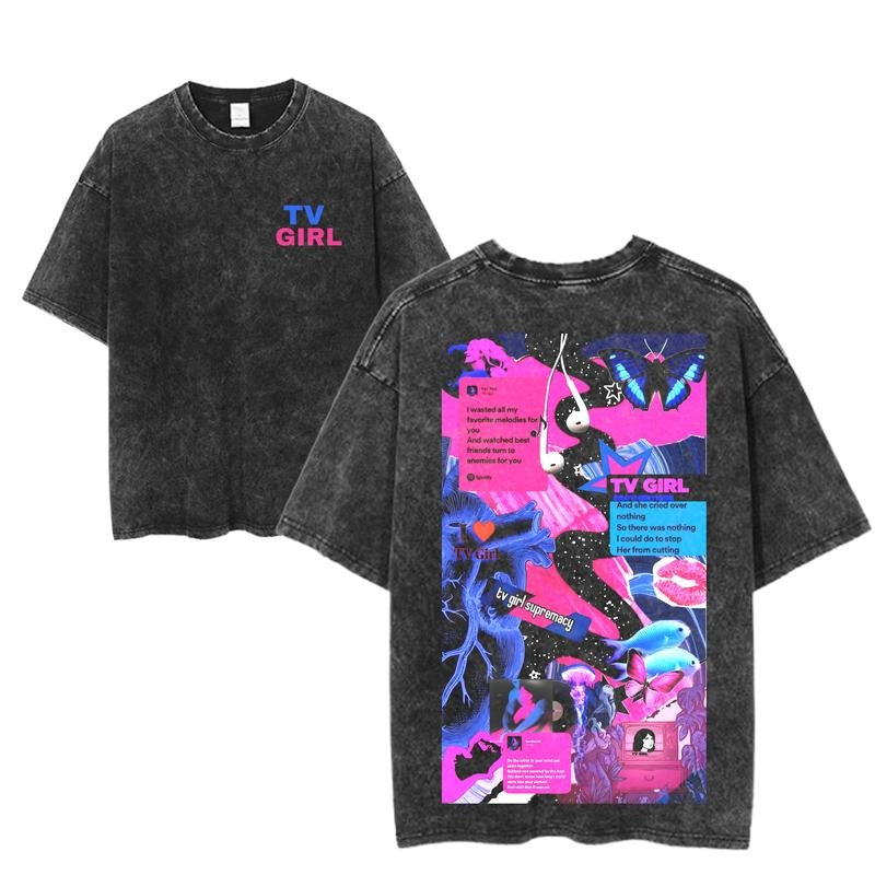 TV Girl Supremacy Collage Tee, Sad Indie Lyrics Graphic Shirt, Vaporwave Pink & Blue Aesthetic, Washed Black Unisex Band...