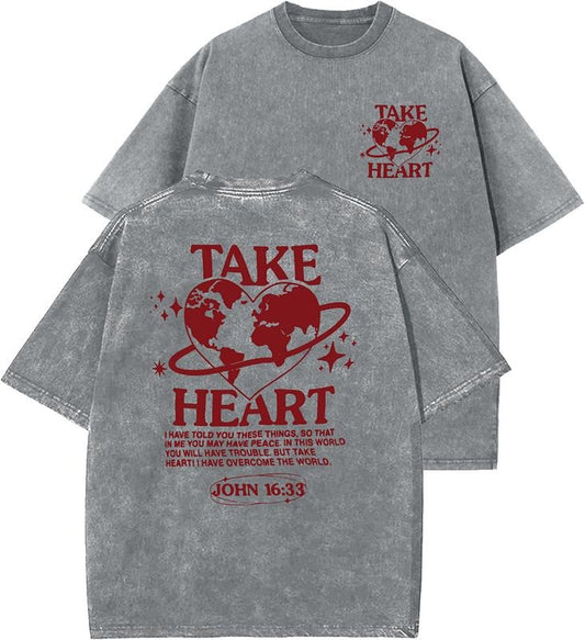 Take Heart Unisex Washed T-Shirt, Christian Tshirts, Vintage 90s Graphic Tee, Gift Top Womenswear Cotton Mineral Color...
