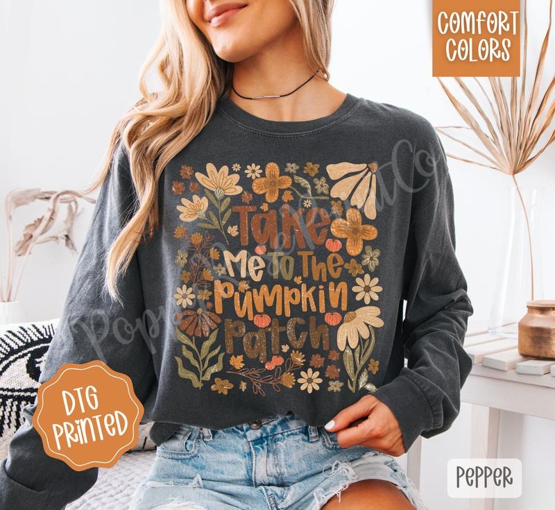 Take Me To The Pumpkin Patch Comfort Colors Long Sleeve T-Shirt, Cute Women's Fall Tee Hoodie, Sweatshirt | WearSparks.com