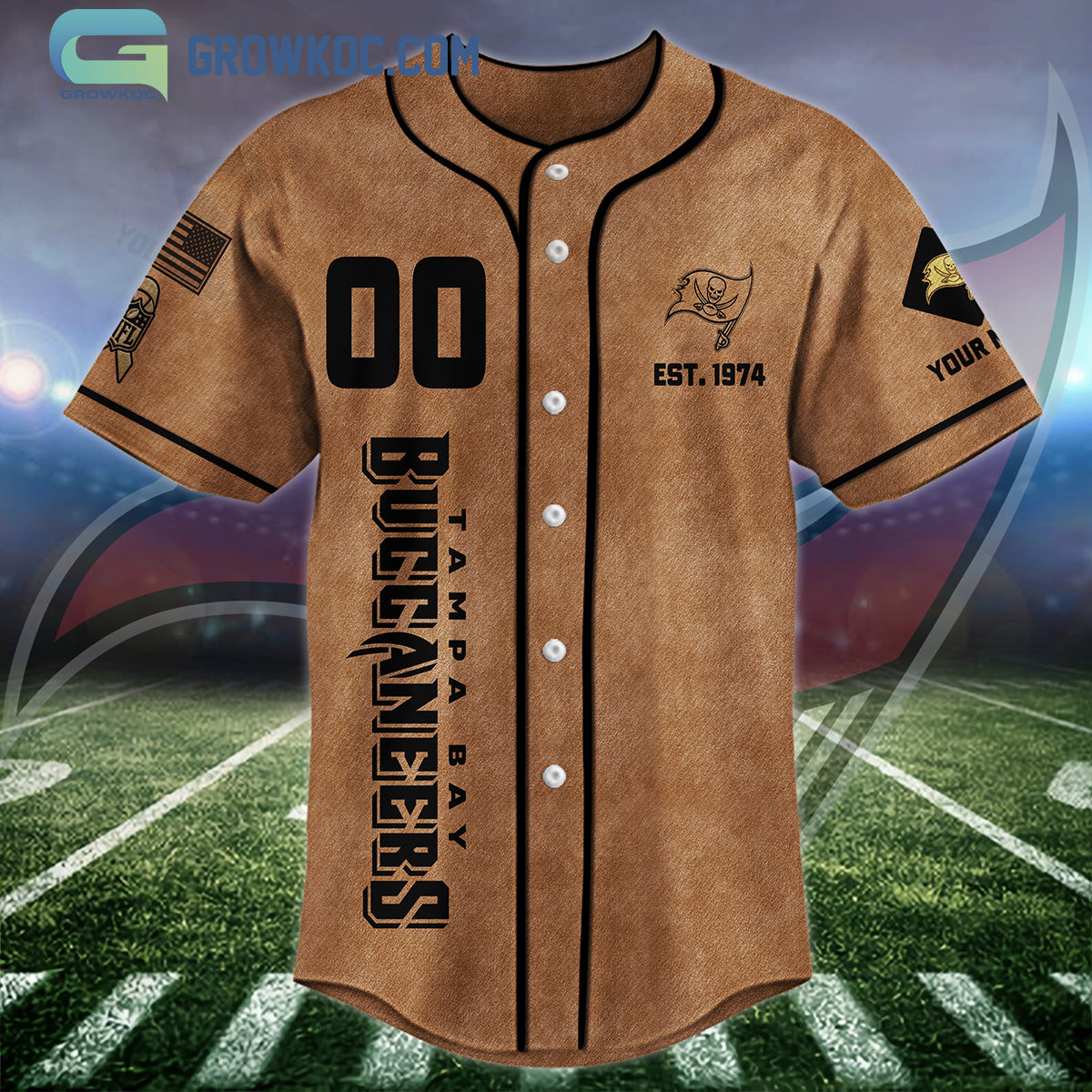 Tampa Bay Buccaneers Brown American Flag Personalized Baseball Jersey