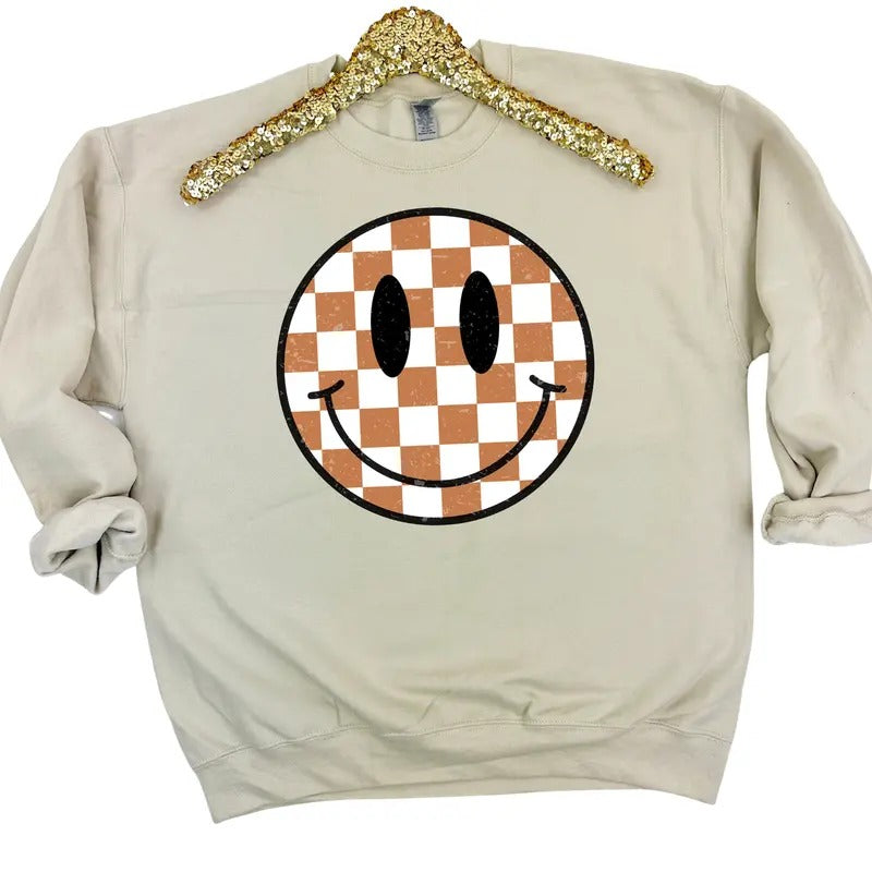 Tan Checkered Happy Face Sweatshirt 'NLB' T-Shirts, Hoodie | WearSparks.com
