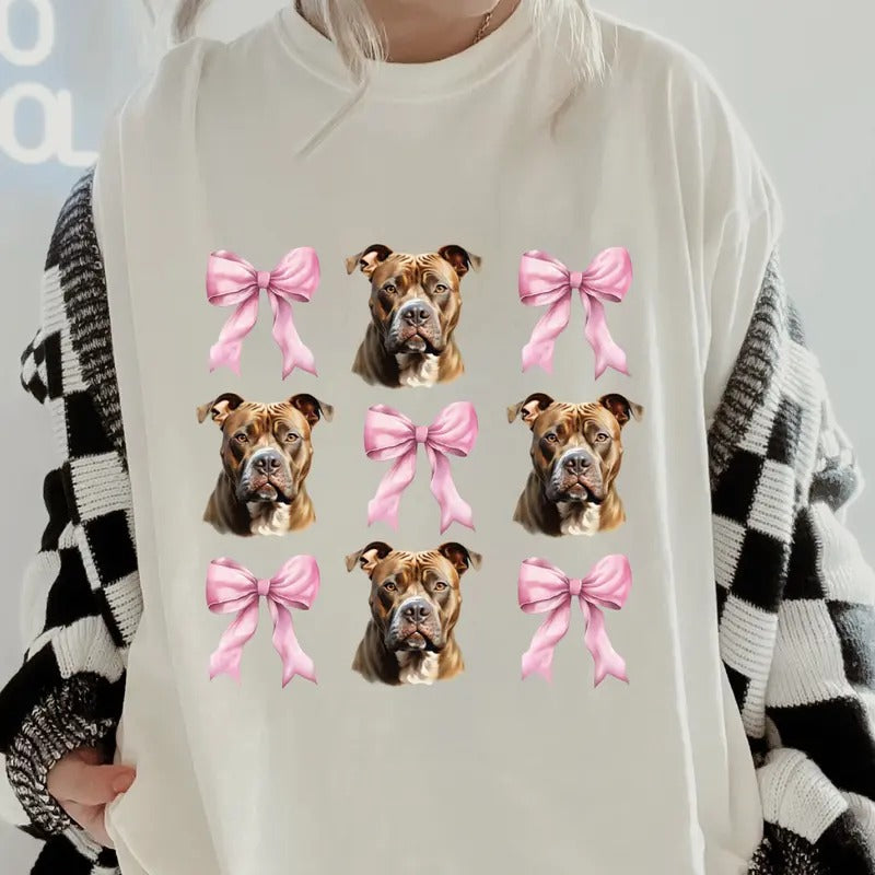 Tan Pitbull with bow Shirt~ Unisex Apparel Relaxed Fit Printed In The USA Clothing Womenswear Casual Comfort Cotton Top...