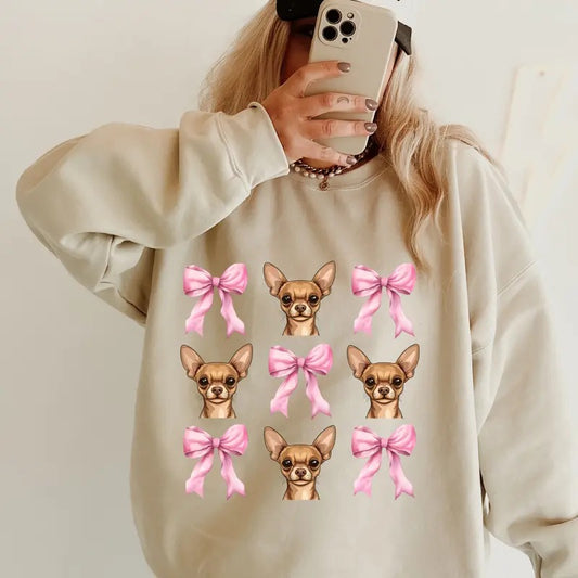 Tan chihuahua with bows Sweatshirt ~ Sweatshirt Unisex Apparel Relaxed Fit Printed in the USA Clothing Womenswear Casual...