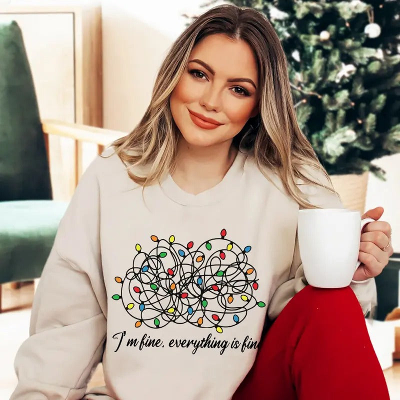 Tangled Christmas Lights Sweatshirt, I'm Fine Everything Is Fine Xmas Tee Shirt, Tangled Lights Christmas Sweater, Funny...