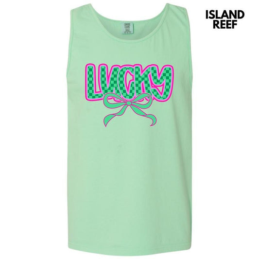 Tank Top - Neon Lucky Checkered Comfort Colors Tank Top 'NLB' T-Shirts, Hoodie, Sweatshirt | WearSparks.com