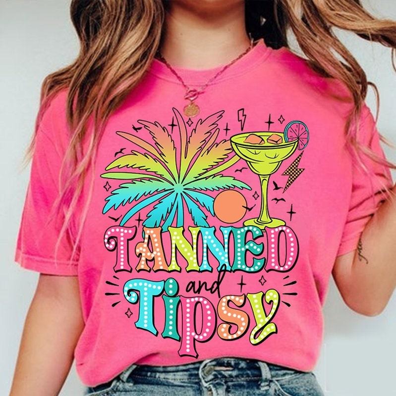 Tanned And Tipsy Bright Doodle Funny Summer Quotes Summer Vibes Digital Download Hello Summer Beach Vacation Cotton...
