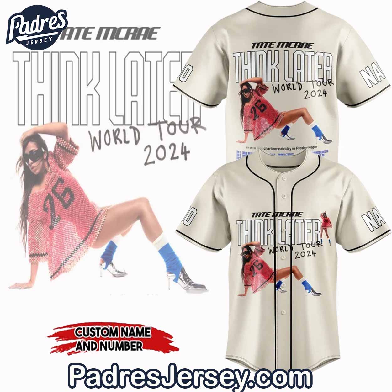 Tate McRae Think Later World Tour 2024 Baseball Jersey For Sale - Padres Jersey Oasis: Elevate Your Baseball... (Image 1)