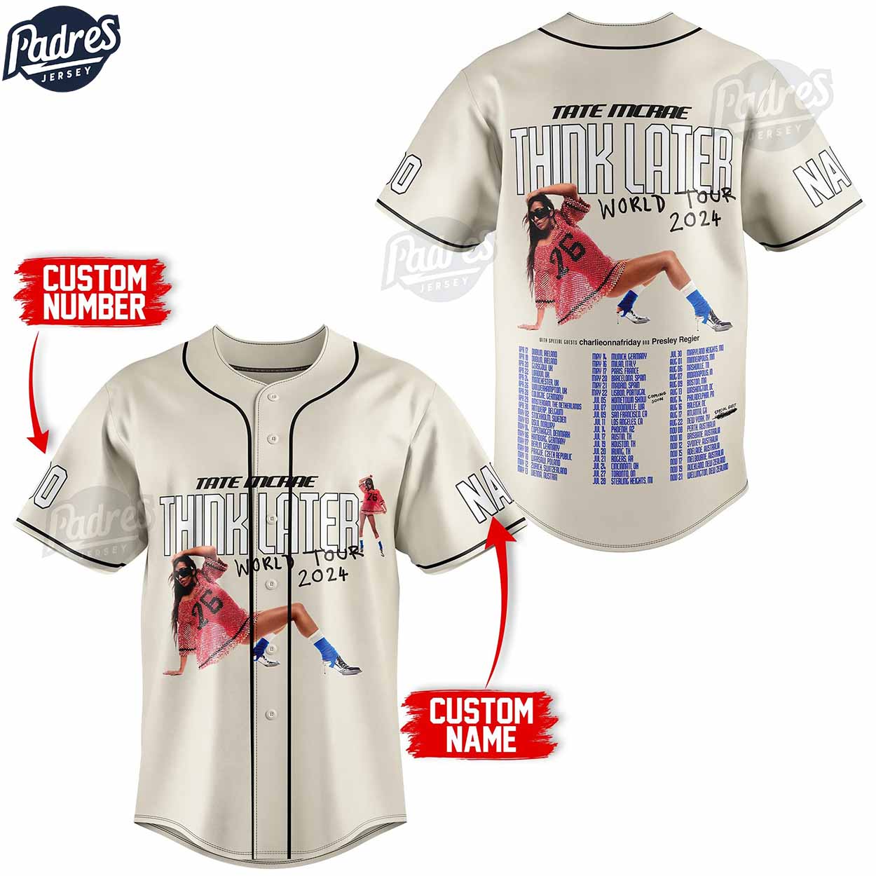 Tate McRae Think Later World Tour 2024 Baseball Jersey For Sale - Padres Jersey Oasis: Elevate Your Baseball... (Image 2)