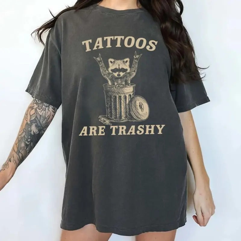 Tattoos Are Trashy Raccoon Shirt , Retro Tattoos Are Trashy Tee, Tattoos Are Stupid Graphic Printed Tee Top Womenswear...