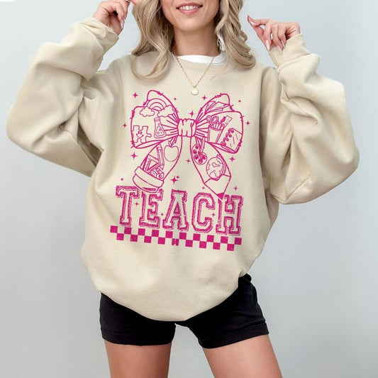 Teach Bow Shirt, Teacher Appreciation T-Shirt, Cute Education Sweatshirt, School Staff Gift, Pink Teacher Tee Hoodie