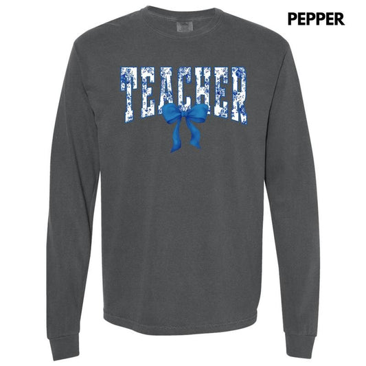 Teacher  Blue Florals Long Sleeve Comfort Colors T-Shirt 'NLB' Hoodie, Sweatshirt | WearSparks.com