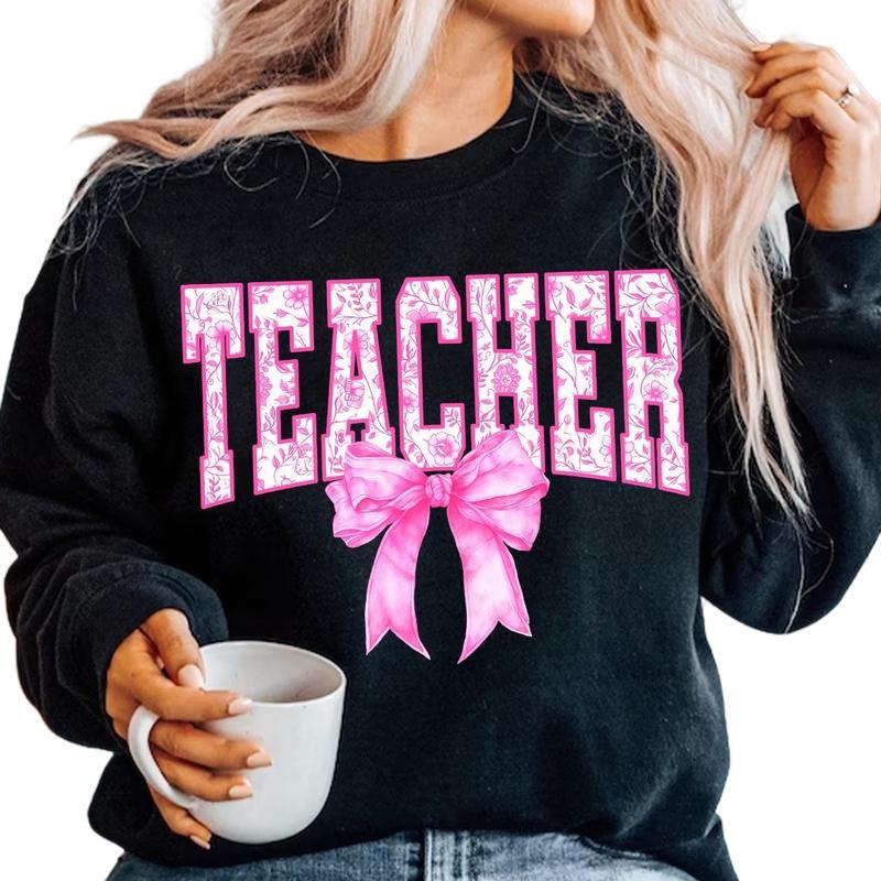 Teacher Floral Pink Sweatshirt, Color Bow Teacher, Coquette Teacher Hoodie, Varsity Teach T Shirt, Teacher Gift, Unisex...