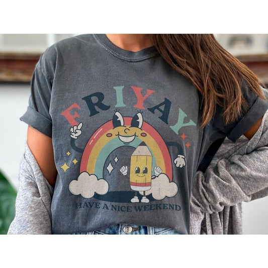 Teacher Friyay Classroom Shirt T-shirt Friday End Of Week Retro Vintage Style Top Distressed Whimsical Teaching Top...