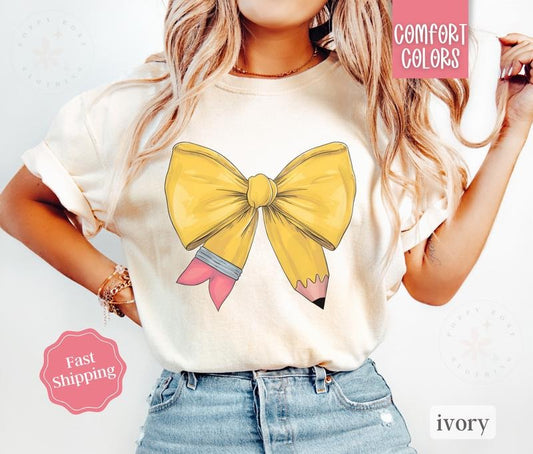 Teacher Pencil Bow Shirt Comfort Colors, Gift for Teacher Appreciation, Back To School Teach Shirt Oversized Crewneck Tee...
