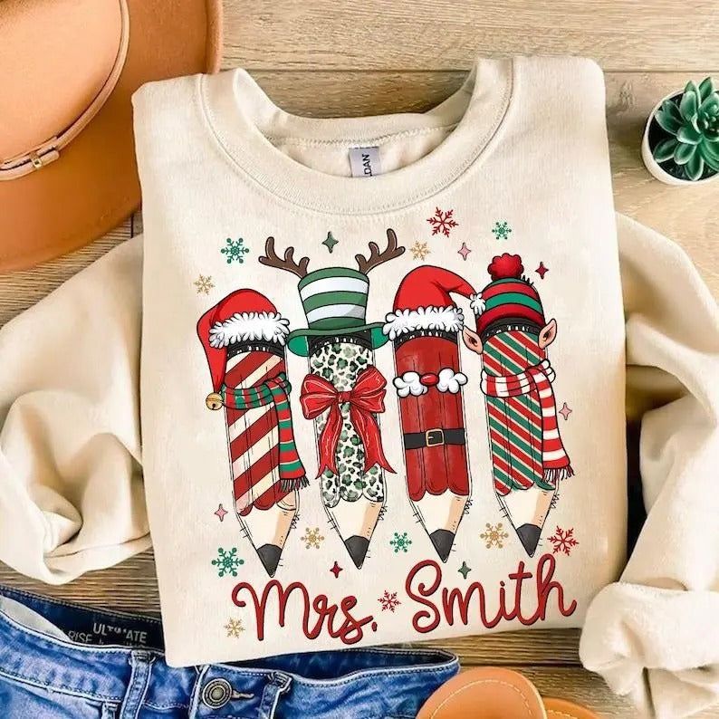 Teacher Pencil Christmas Coquette Sweatshirt, Hoodie, T