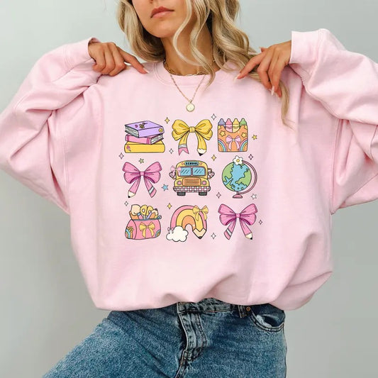 Teacher Pink Coquette Bow Sweatshirt, Back To School Crewneck, Book Crayon Pencil Sweater, Teacher Gift Shirt, Back To...