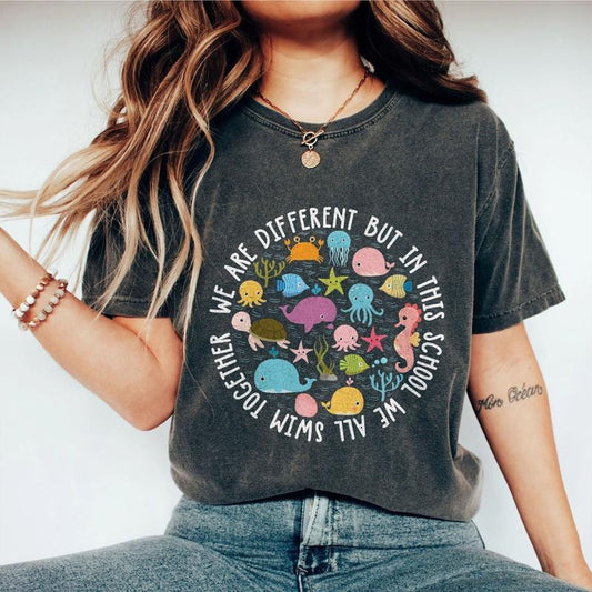 Teacher Shirts, Ocean Animal Outfit, We Are Different But In This School We All Swim Together Shirt, Back to School Tee,...