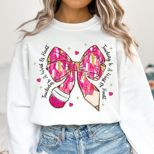 Teacher Valentine Coquette Bow Pencil Sweatshirt, Brushstroke Valentine Teacher Heart Sweatshirt, Retro Teacher Gift,...