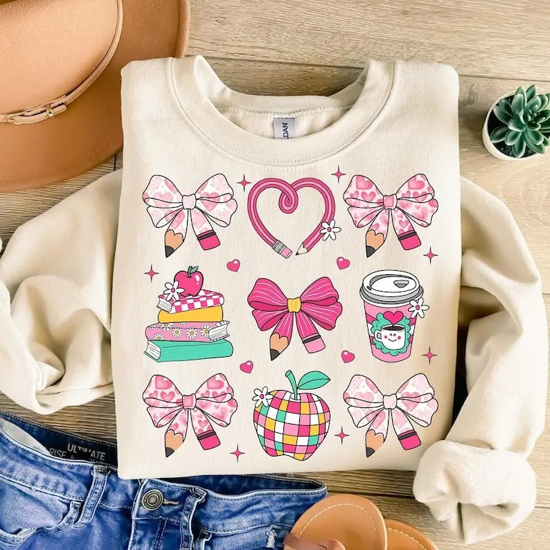 Teacher Valentine Coquette Sweatshirt Pink  Teacher , Retro Teacher Gift,Teacher Heart , XOXO T-Shirts, Hoodie
