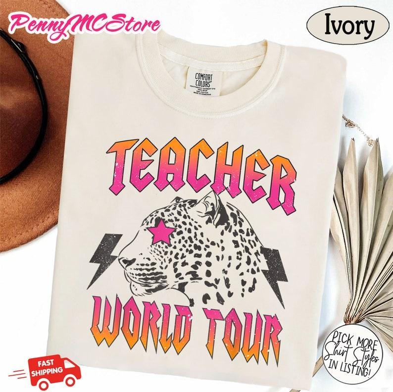 Teacher World Tour Shirt, Concert Teacher Shirt, Rock N Roll Teach Tshirt, Leopard Teacher, Last Day Of School...