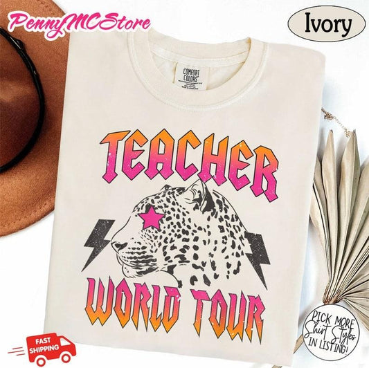 Teacher World Tour Shirt, Concert Teacher Shirt, Rock N Roll Teach Tshirt, Leopard Teacher, Last Day Of School...