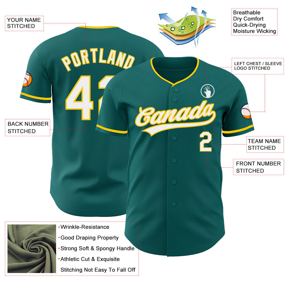 Custom Teal White-Yellow Authentic Baseball Jersey