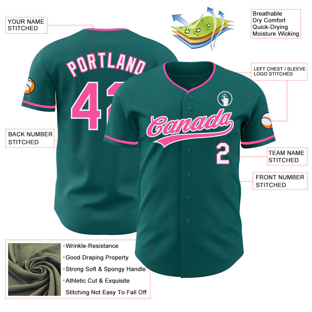 Custom Teal Pink-White Authentic Baseball Jersey