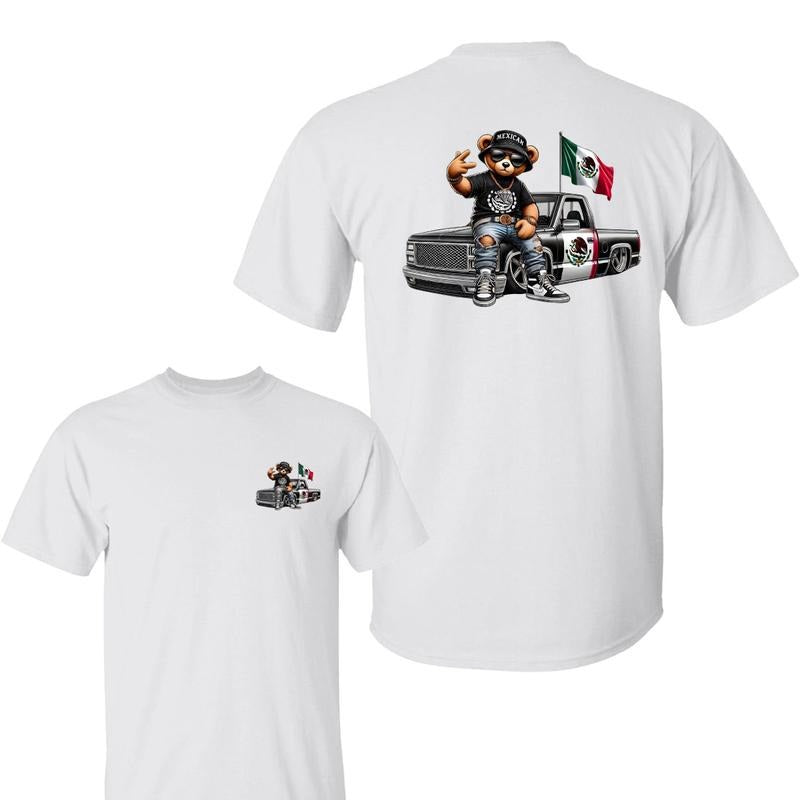Teddy Bear In Hip Hop Costume Mexican Flag 2 Sided Shirt, Mexican Flag Bear Tee, Cartoon Graphic T-Shirt, Gift for Men...