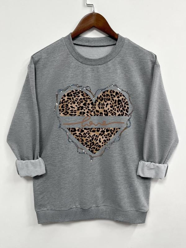 Teen Girl's Leopard Heart Print Sweatshirt, Casual Long Sleeve Crew Neck Pullover for Daily Wear, Clothing for All...