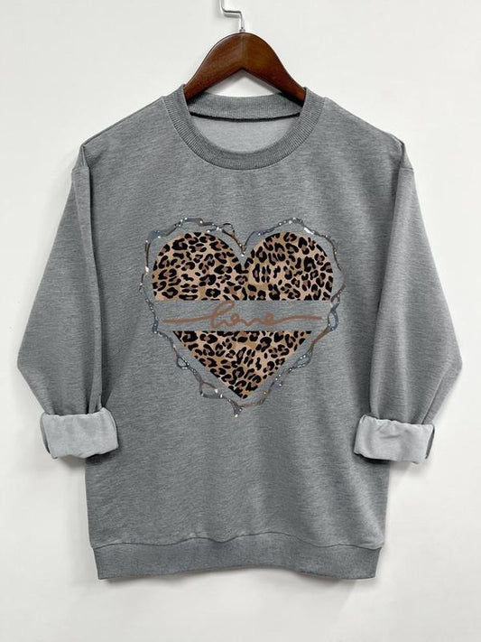 Teen Girl's Leopard Heart Print Sweatshirt, Casual Long Sleeve Crew Neck Pullover for Daily Wear, Clothing for All...