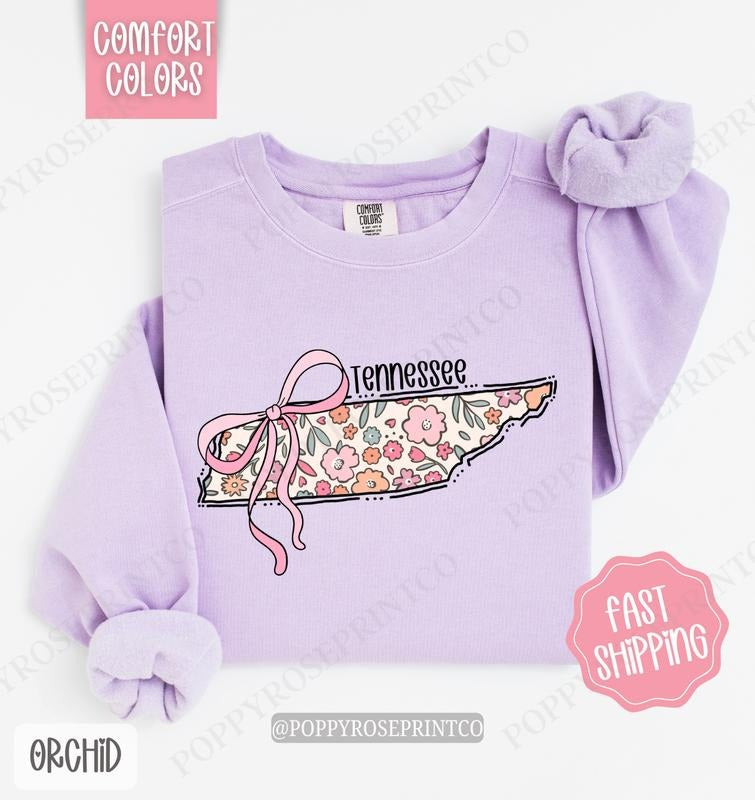 Tennessee Floral Bow Comfort Colors Sweatshirt, Cute Trendy State Coquette Pullover T-Shirts, Hoodie | WearSparks.com