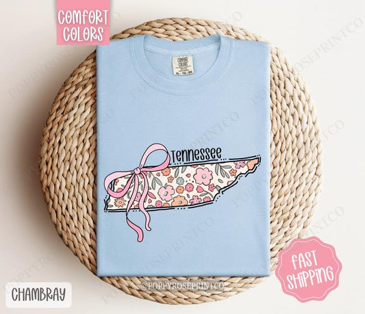 Tennessee Floral Bow Comfort Colors T-shirt, Cute Trendy Tee, State Coquette Oversized Top Hoodie, Sweatshirt