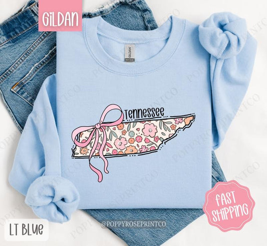 Tennessee Floral Bow Gildan Sweatshirt, Cute Trendy State Coquette Pullover T-Shirts, Hoodie | WearSparks.com